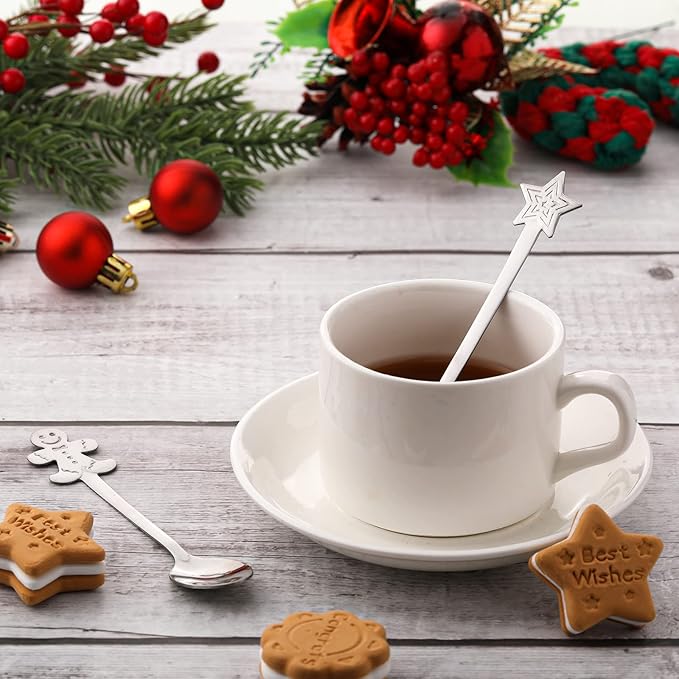 Skyley 32 Pieces Christmas Spoon Set Hot Chocolate Stirring Creative Stainless Steel Coffee Tea Soup Dessert for Drink Mixing Milkshake, 4 Styles, Silver