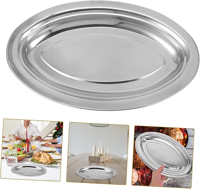 Healifty 1Pc Stainless Steel Oval Serving Tray Multi Function Pastry and Snack Plate for Desserts Fish and Fries Easy to Clean for Parties and Entertaining