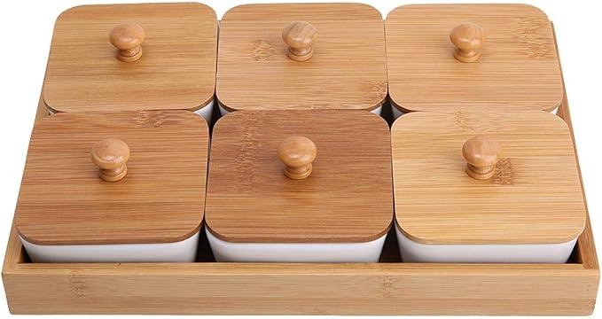 Ceramic Divided Serving Dishes, Serving Tray and Platter Ceramic Condiments Tray with Lids 2 Removable Appetizer Serving Bowls for Chips and Dip Condiment Fruit Veggies Nut Candy and Snacks