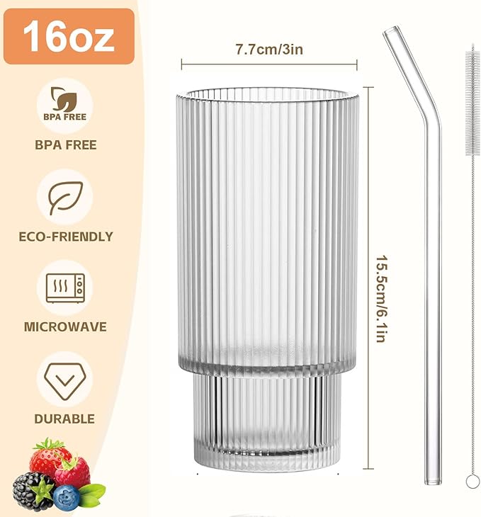 AFINSEA 16OZ Ribbed Glass Cups with Lids and Straws,Iced Coffee Cups with Bamboo Lid,Vintage Glassware for Whiskey Cocktail Beer Fruit Juice Glasses Tumbler(4 Pack)