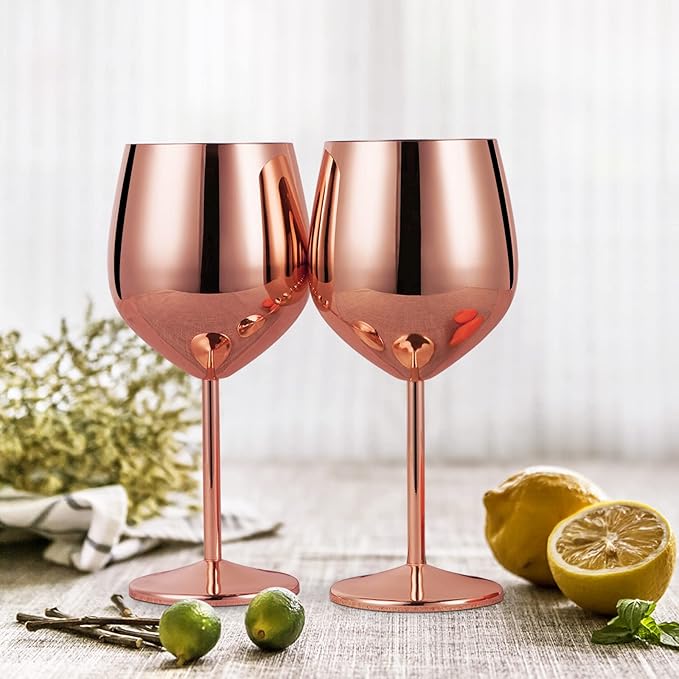 Lifecapido Stainless Steel Stem Wine Glasses Set of 8, 18oz Copper Wine Glasses, Stainless Steel Wine Goblets with Cup Brush for Party Office Wedding Anniversary, Great for Red White Wine(Rose Gold)