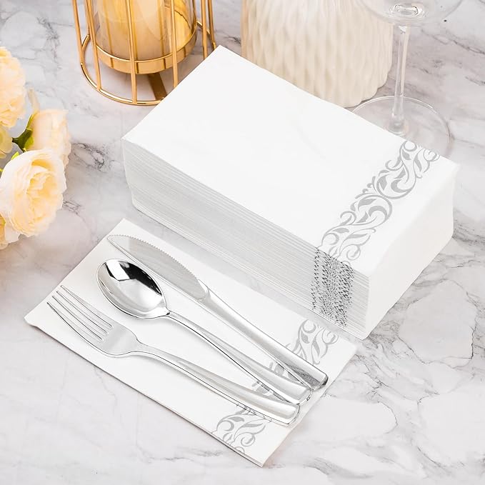 BESTVIP 100 Pack Disposable Paper Napkins, 3-Ply Dinner Napkins with Silver Trim for Guests, Bathroom Paper Hand Towels Soft & Absorbent, Perfect for Christmas, Kitchen, Dinner, Party, Wedding, Event