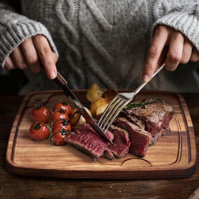 Uiifan 6 Pcs Steak Plates with Juice Channel Wooden Steak Board Set Acacia Cutting Serving Board for Christmas Home Serving Eating Meat Dishes Snack Dessert, 13 x 11 x 0.6 Inch
