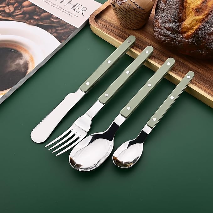 Green Handle Silverware Set, Uniturcky 24-Piece Stainless Steel Flatware Set for 6, Tableware Eating Utensils for Daily Use and Party, Camping Cutlery Set with Color Handle
