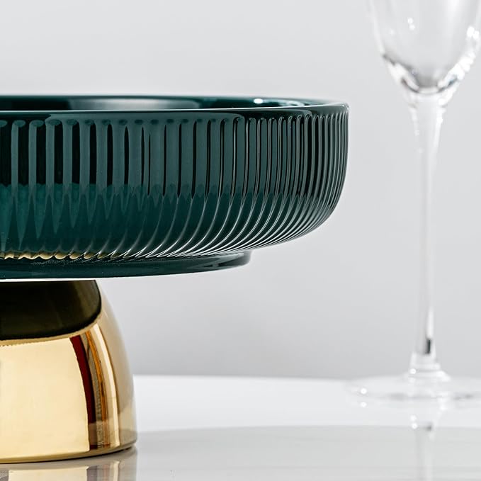 Ceramic Fruit Bowl, 11 Inch Dinner Table and Tea Coffee Pedestal Tray，Elegant and Practical Bread and Fruit Footed Bowls, Salad or Dessert Display Trays for Kitchen Counter (Green).