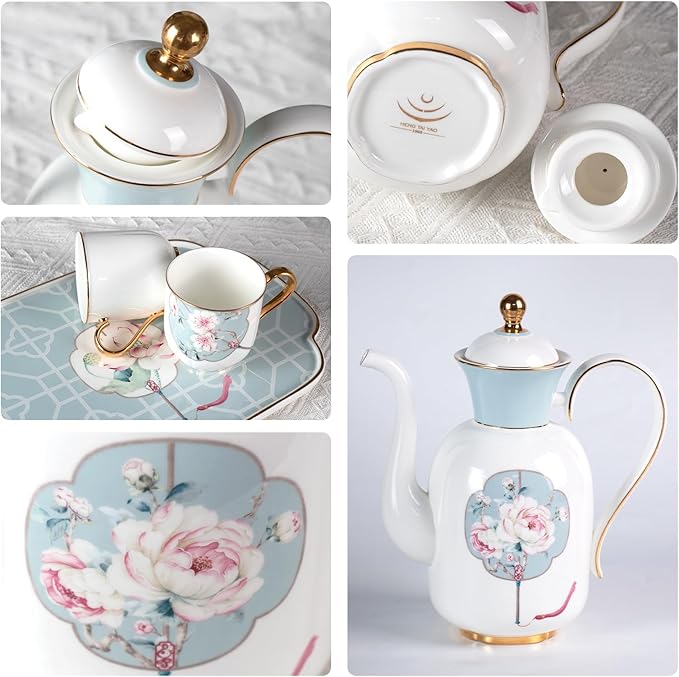 KAMMAK Tea Pot and Cups Set for Adults, Bone China Tea Cup with Teapot, Porcelain Coffee Cups and Pot, Teapot with Tray and Gift Box for Latte, Afternoon Tea Party