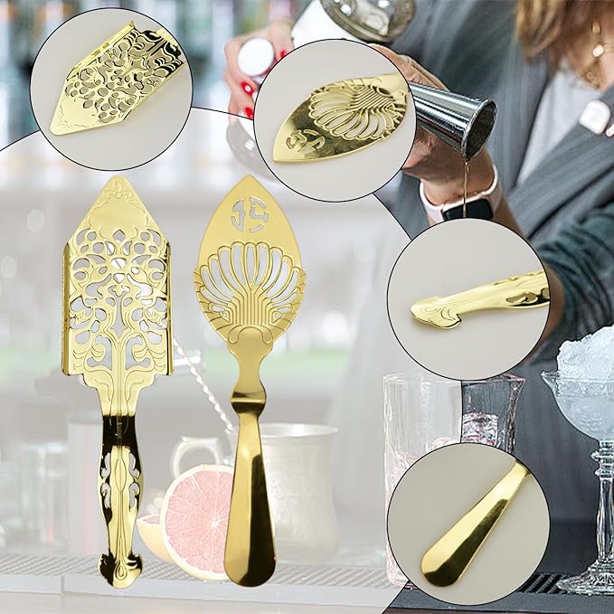 Flylin 2 Pcs Stainless Steel Absinthe Spoons, Vintage Style Absinthe Dripper with 2 Types, Ice Cube Mesh Filter Wormwood Spoon Strainer Spoon for Bar Cocktail Tea Coffee (Gold)