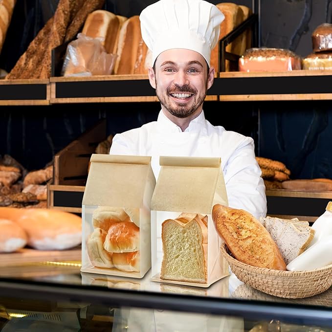 100 PCS Bread Bags for Homemade Breads, 11 x 5.1 x 3.9 Inches Brown Kraft Paper Bakery Bags with Tin Tie Tab Lock Sourdough Bread Bags with Window Baked Foods Packaging