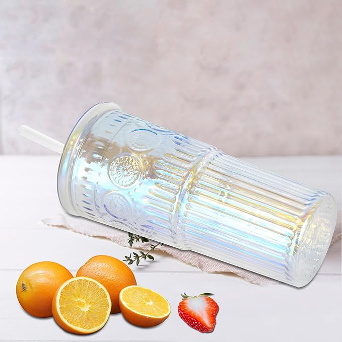 Bandesun All Glass Iced Coffee Cup With Lids and Straws，24 OZ Rainbow High Borosilicate Glass Tumbler for Water Smoothie Juice Drinks