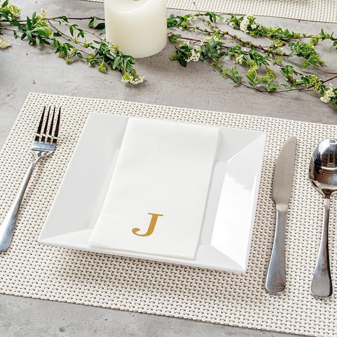 Luxenap 15.8 X 7.9 Inch Linen-Feel Guest Towels, 50 Lettered Hand Towels - Gold Letter 'J', Sans Serif Font, White Paper Dinner Napkins, airlaid, For Restrooms And Tables