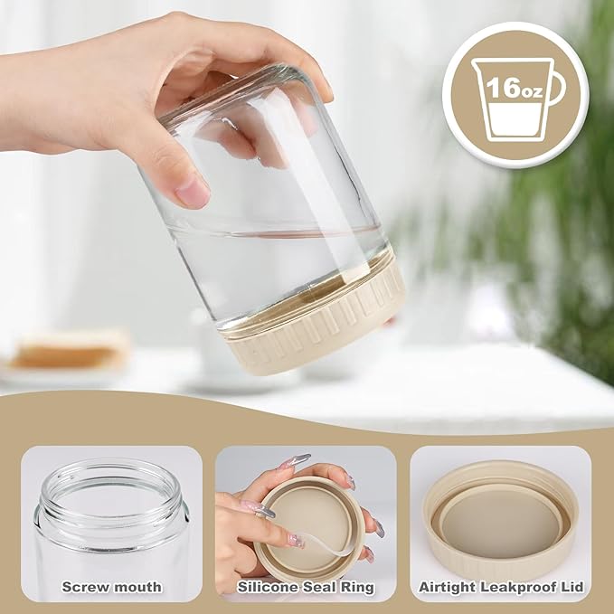 Overnight Oats Containers with Lids, 16oz Glass Jars with Lids 2 pcs, Apricot, Wide Mouth Mason jars for Salad, Yogurt, Snacks, Meal Prep