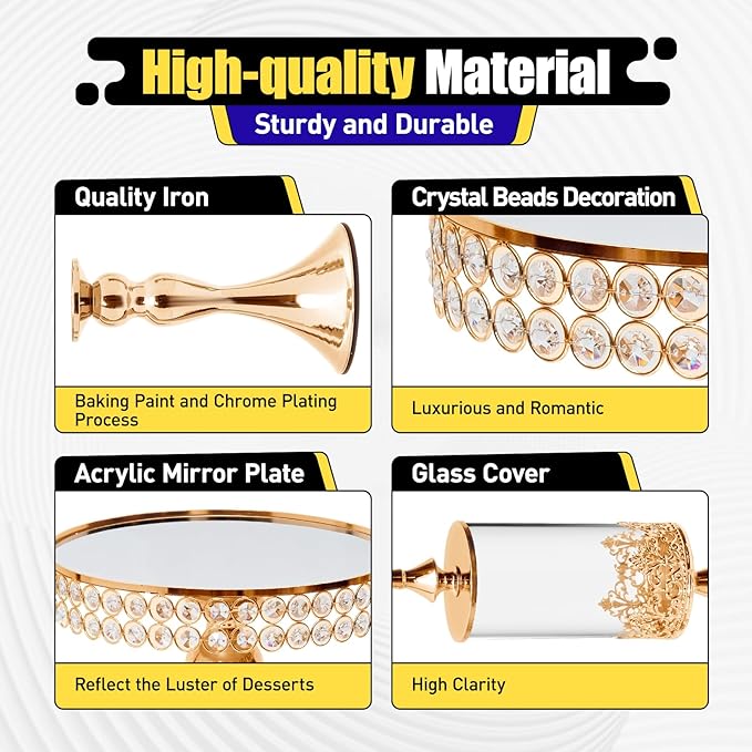 10PCS Wedding Metal Dessert Table Set, Crystal Cake Stand Cupcake Holder Gold Cake Display with Acrylic Mirror Surface, Cupcake Dessert Plate Display for Birthday Party