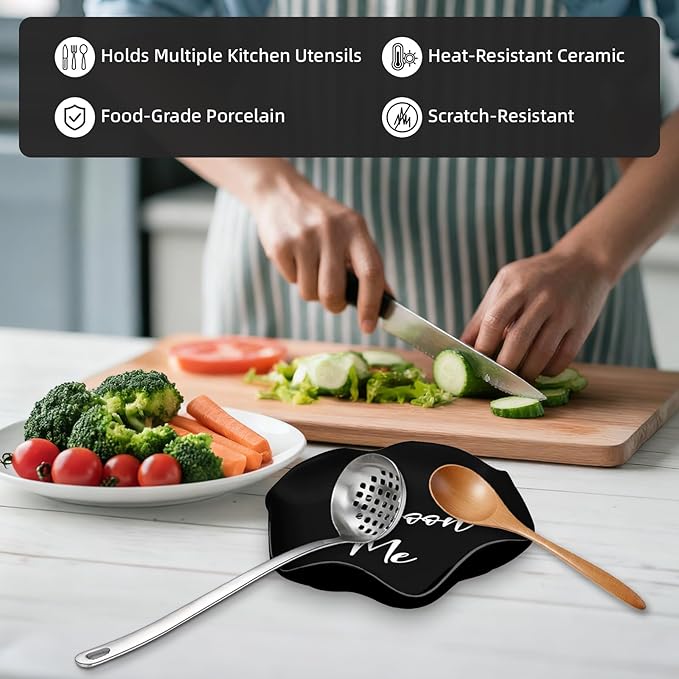 Funny Ceramic Spoon Rest for Kitchen Counter Stove Top, 5.8 Inch Heat-Resistant Utensil Holder for Cooking, Spoons, Ladles, Tongs, Cute Kitchen Decor, Housewarming Gift for Women Men (Black)