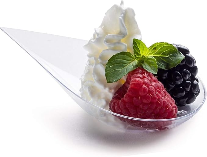 DLux 100 4-in Tear Drop Mini Appetizer Plates, Reusable Clear Plastic Spoons - Desserts and Appetizers Dishes Serving Plate - Asian Spoon Set, Small Catering Dessert Tasting Cups - with Recipe Ebook