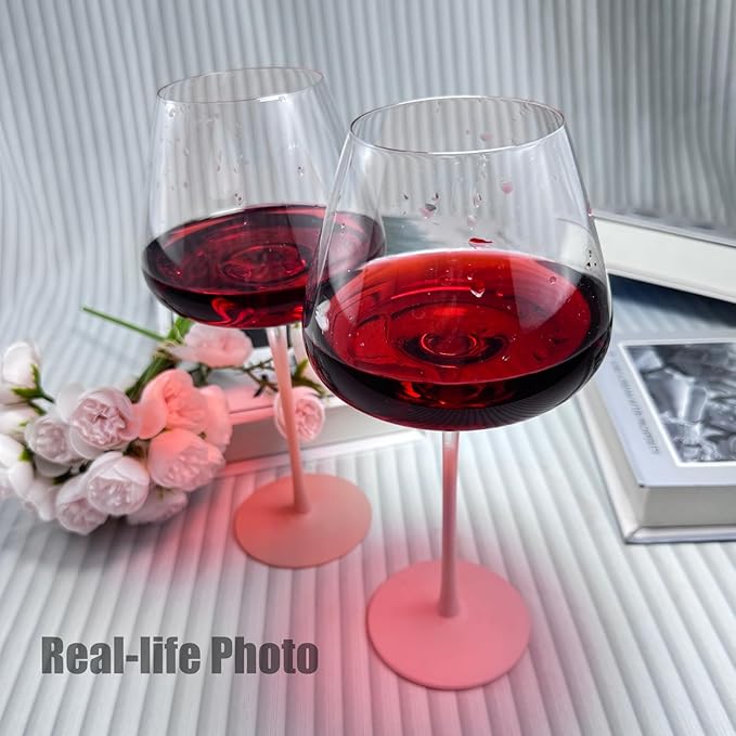 Crystal Wine Glasses Set of 2 with Gift Box. Dishwasher Safe. 24oz Large Pink Wine Glasses with Long Stem for Women.Hand-Blown,Thin Rim. Gift for Wife,Girlfriend,Mom.Unique & Modern Design