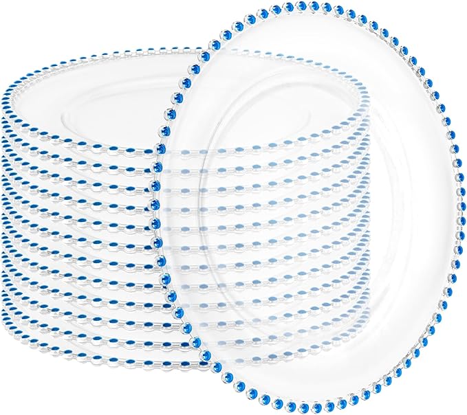 12 Pack Clear Charger Plates with Beaded Rim, 13 Inch Plastic Chargers for Dinner Plates Acrylic Round Tabletop Decoration for Home Kitchen Catering Wedding Table Event Party Dinner (Blue)