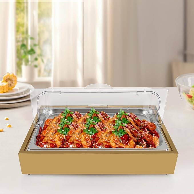 Stainless Steel Buffet Serving Tray with Ice Pan, 1.59Gal Food Display Platter for Sushi, Salad, Desserts - Double Pan & Clear Cover (22.72"x14.84")