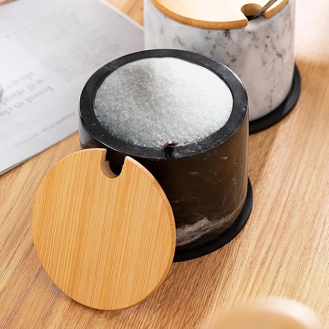 Marble Sugar Bowl with Lid & Spoon, Sugar Container 11oz,Sugar Dispenser Handcrafted from Natural Marble, Smooth Inside (Black)