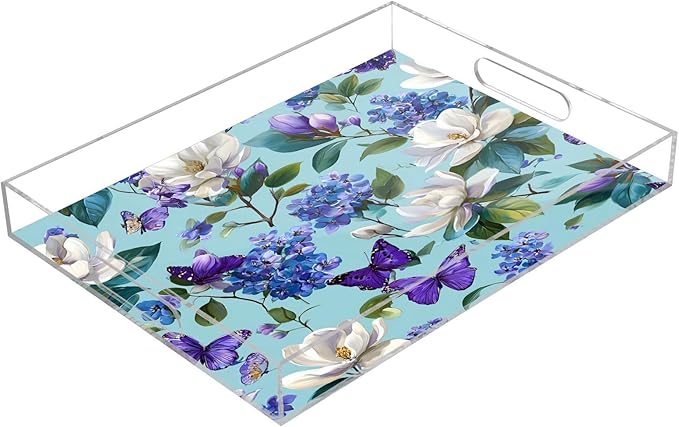 Serving Tray with Handles Clear Acrylic Tray 12x16 Inch Decorative Rectangular Tray Organizer for Ottoman Coffee Table Bathroom Elegant Hydrangeas Magnolias Butterflies