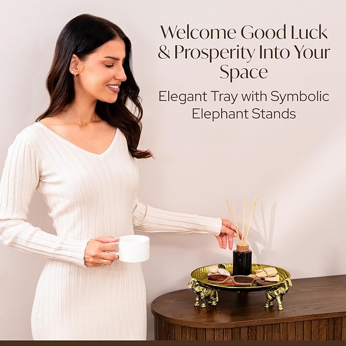 Round Decorative Tray with Elephant Stands, Antique Gold – Tray for Coffee Table, Home Decor, Centerpiece, Serving Platter & More – Circular Tray with Symbolic Elephants