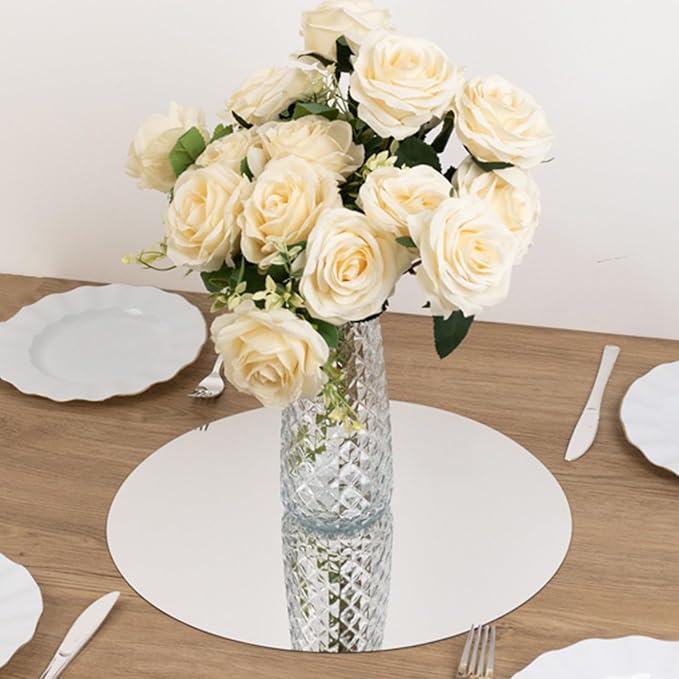 Efavormart 10 Pack Silver Round Acrylic Mirror Tray for Decoration, Large Circle Candle Plate Centerpiece Bases - 16"