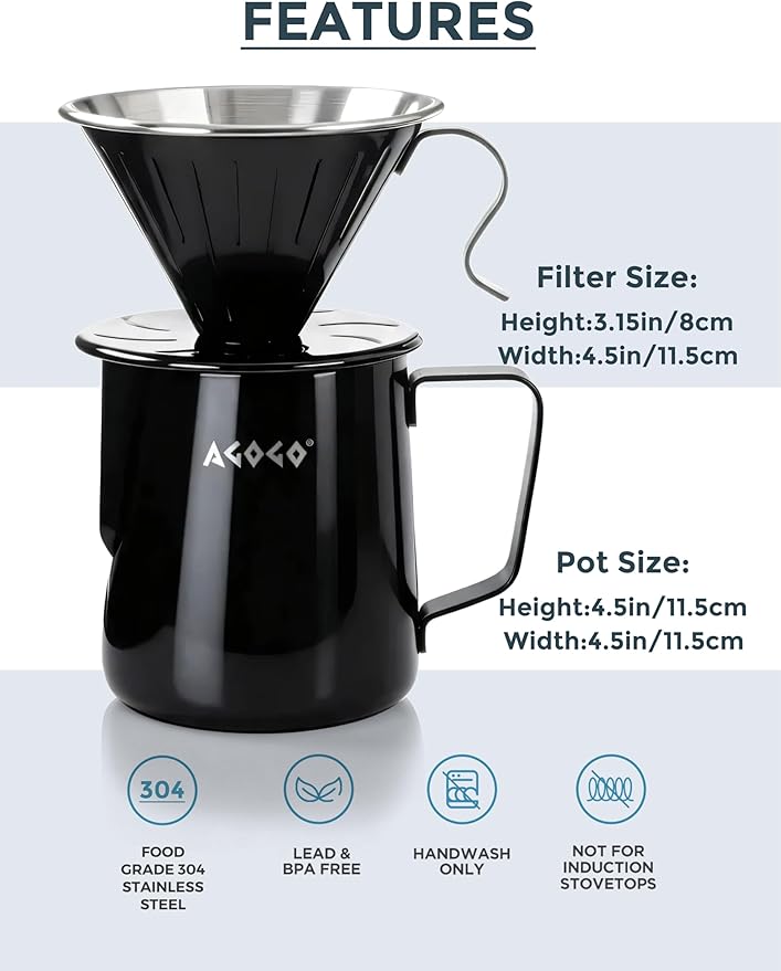 AGOGO Portable Pour Over Coffee Maker V60 Set - Easy Cleaning Compact 304 Stainless Steel Dripper for Camping & 50 Filters Paper & Cleaning Rag Black 20 oz