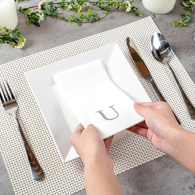 Luxenap 15.8 X 7.9 Inch Linen-Feel Guest Towels, 2000 Lettered Hand Towels - Silver Letter 'U', Sans Serif Font, White Paper Dinner Napkins, airlaid, For Restrooms And Tables - Restaurantware