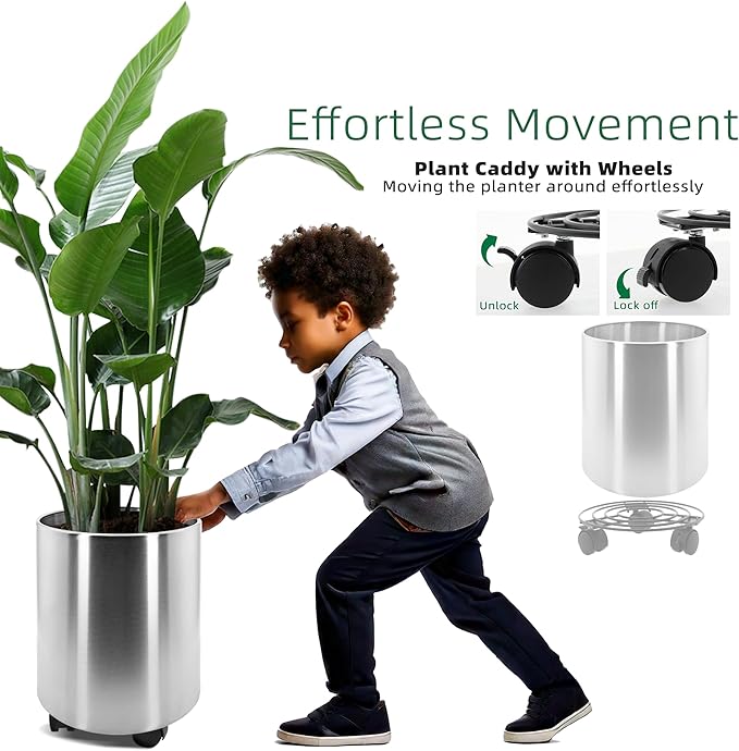 Longrun 9.8 Inch Dia Round Planter, Modern Indoor Outdoor Large Stainless Steel Plant Pot and Plant Caddy with Wheels for Home Patio Garden, Easy to Clean and Move