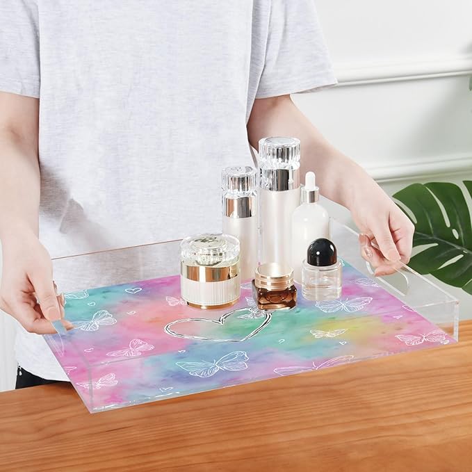 Serving Tray with Handles Clear Acrylic Tray 12x16 Inch Decorative Rectangular Tray Organizer for Ottoman Coffee Table Bathroom Tie Dye Heart Butterflies