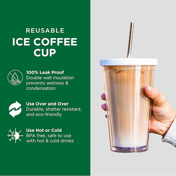 Kensal Home Reusable Iced Coffee Cup (16 Oz/Grande), Leak Proof and Double Wall Insulated Iced Coffee Tumbler, Come with Reusable Plastic and Metal Straws and Straw Cleaner - White