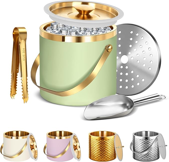 Ice Bucket, Ice Bucket with Silicone Sealing Ring Double-Wall Vacuum Insulation Champagne Buckets with Filter Layer Ice Tongs Ice Scoop (Fruit Green, 3 L)