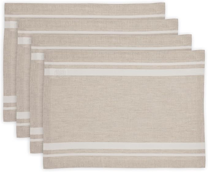 Solino Home Linen French Stripe Placemats Set of 4-100% Pure Linen White and Natural Placemats 14 x 19 Inch