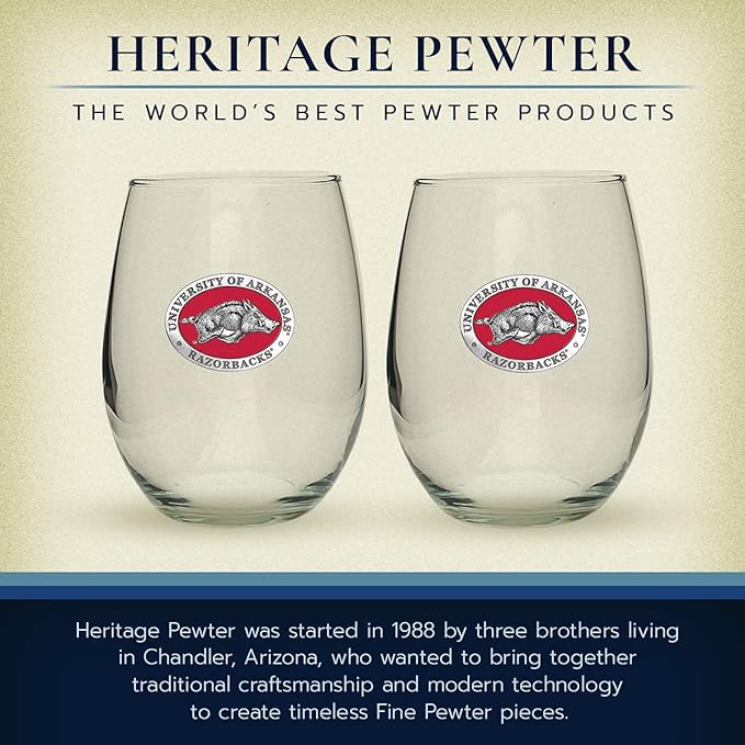 Heritage Pewter Arkansas Razorbacks Stemless Glass Goblets – Set of 2 | 15 OZ Goblet Wine Glasses | Expertly Crafted Pewter Glass