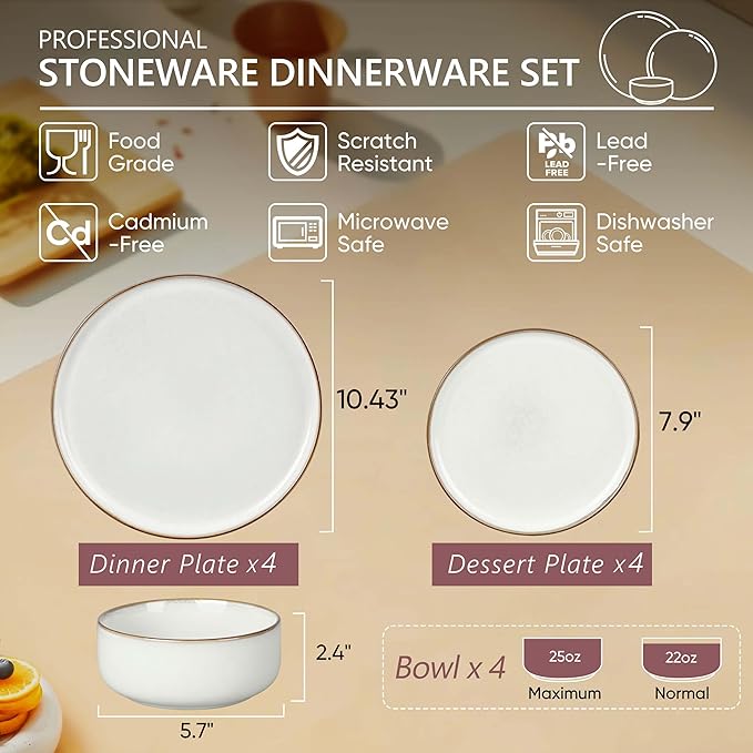 Herogo 12-Piece Stoneware Dinnerware Sets for 4, Dinner Plates and Bowls Sets, Double Reactive Glaze Dishware Place Setting for Kitchen, Scratch Resistant, Microwave Safe, Ivory White & Starry Blue