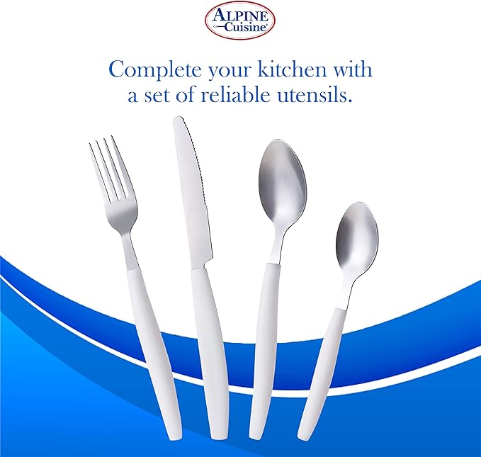 ALPINE CUISINE Flatware Set 16 Piece Service for 4, Stainless Steel Flatware Cutlery Set Includes Dinner Knives/Forks/Spoons - Great for Camping or College Dorms - Dishwasher Safe - White