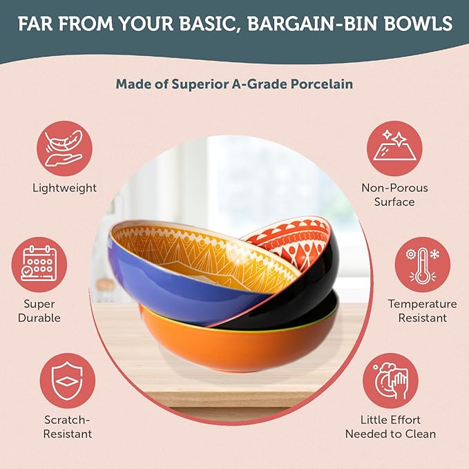 Annovero Serving Bowls - Large Big Bowl for Mixing, Salad, Pasta, Mashed Potato, Chips - Colorful & Decorative for Parties & Entertaining - Microwave, Oven Safe - No Lead & Cadmium - 72 Oz - Set of 3
