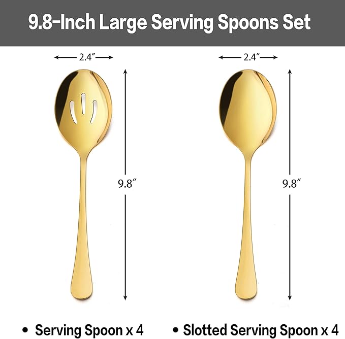 LIANYU 8-Piece Large Gold Serving Spoons and Slotted Utensils, 9.8Inch Stainless Steel for Party Buffet Restaurant Banquet Dinner Catering, Dishwasher Safe