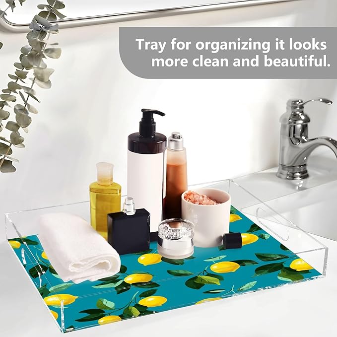 Serving Tray with Handles Clear Acrylic Tray 12x16 Inch Decorative Rectangular Tray Organizer for Ottoman Coffee Table Bathroom Teal Lemons