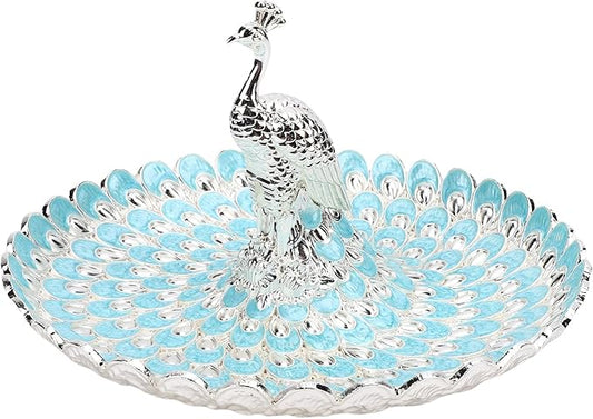 Zerodis Decorative Peacock Serving Tray, Zinc Alloy Fruit Platter, Elegant Storage Centerpiece for Home Kitchen Table, Snacks Cookies Display (Silver Light Blue)