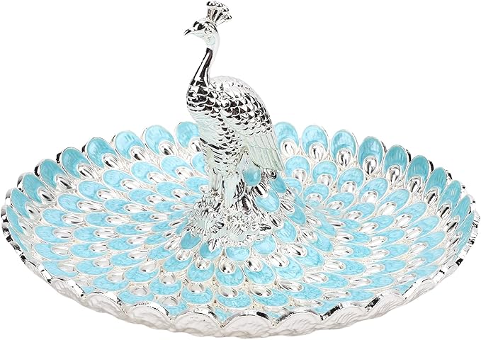 Asixxsix Decorative Serving Tray, Zinc AlloyPeacock Shape Fruits Serving Tray Candy Dish Cookie Storage Bowl, Jewelry Tray Ring Holder, Jewelry Organizer Trinket Holder for Wedding (Silver Light