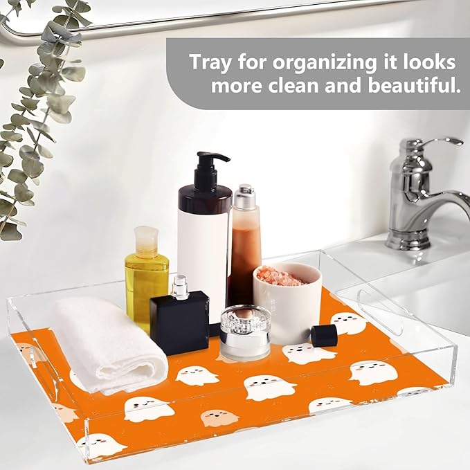 Serving Tray with Handles Clear Acrylic Tray 12x16 Inch Decorative Rectangular Tray Organizer for Ottoman Coffee Table Bathroom Halloween Ghosts Orange