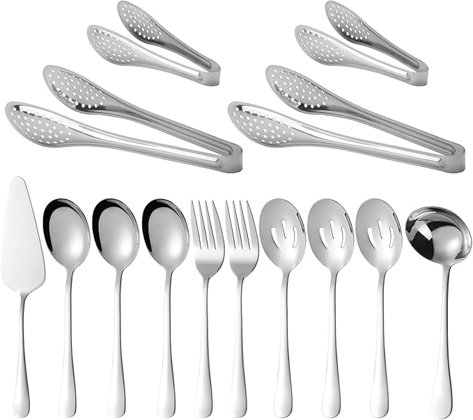 14 PCS Stainless Steel Serving Utensils Set-Serving Spoons,Slotted Spoons, Serving Forks, Serving Tongs,Soup Ladle, Appetizer Tongs, Pie Server for Buffet Catering Entertaining Banquet Party