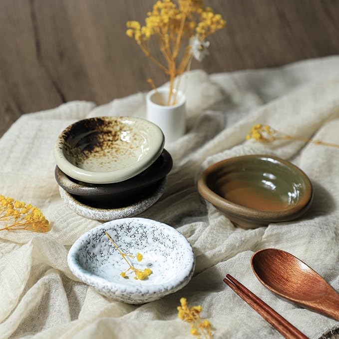 Colias Wing 3.5 Inch Retro Style Brown Stylish Design Multipurpose Porcelain Side Dish Bowl Seasoning Dishes Soy Dipping Sauce Dishes-Set of 5