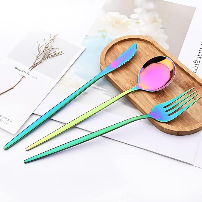 32 Piece Basic Silverware Set, 100% Stainless Steel Tableware Kitchen Silverware Ideal For Wedding/Party/Restaurant/Home, Service For 8, Mirror Stain - Rainbow