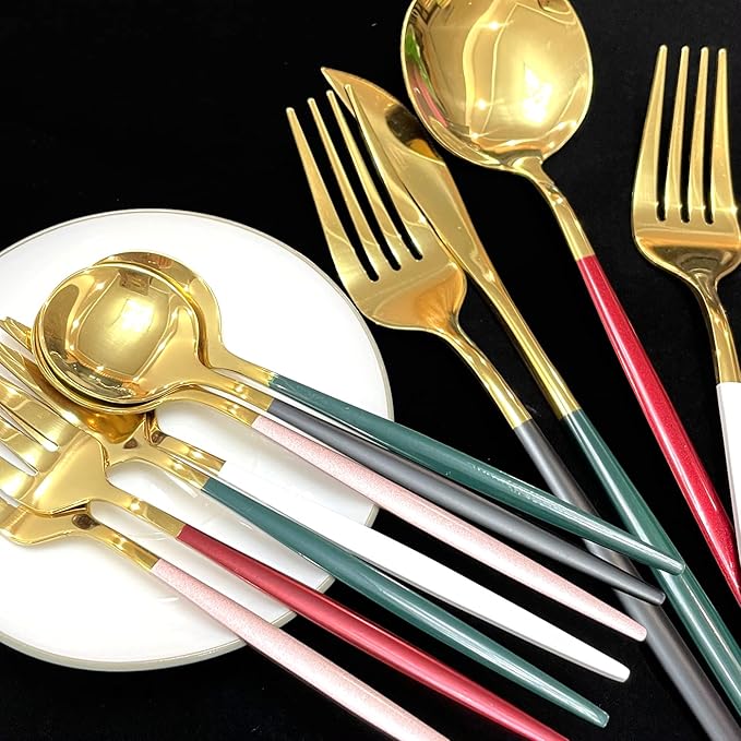 Gugrida Flatware Set 30 Piece, Food Grade Stainless Steel With Titanium Colorful Plated, Multicolor Flatware Set, Shiny Silverware, Rainbow Color Cutlery Set Service For 6