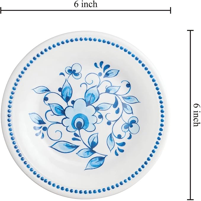 UP UPware Blue and White Floral Melamine Round Dessert Plates, Small Serving Plates, for Appetizer, Snacks, and Side Dishes, Blue, 6 Inch, Set of 4