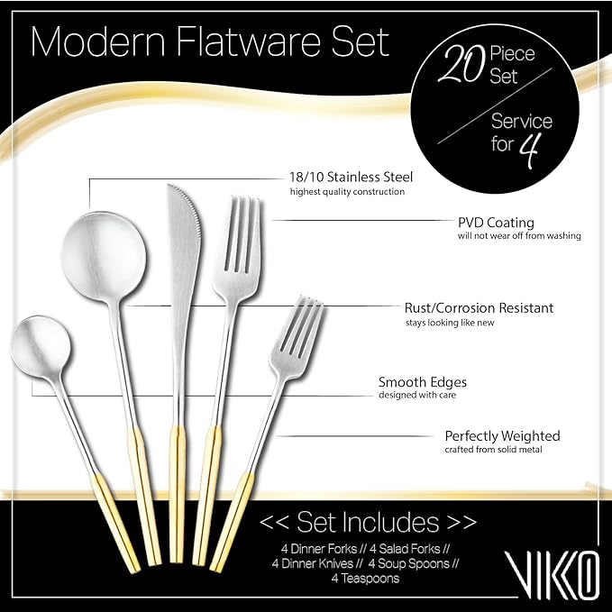 Vikko Modern Two-Tone Silverware Set: Unique Brushed Gold and Silver Flatware Set - Satin Matte - 18/10 stainless steel flatware For Upscale Dining - 20 Piece Cutlery Set - Service for Four (4)