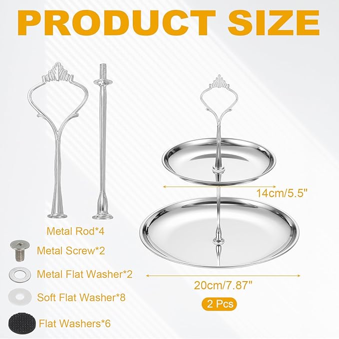uxcell 2 Sets 2-Tier Cupcake Stand Holder, Round Tiered Serving Tray Stainless Steel Cup Cake Stand for Dessert Fruit Table Birthday Party Decoration Display, Silver