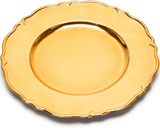 12 PCS Bulk Gold Charger Plates 13 Inch, Round Plastic Event Chargers for Dinner Plates, Elegant Table Decor for Wedding Reception, Birthday, Anniversary Celebrations