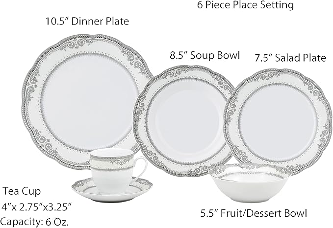 Lorren Home Trends Victoria-24 24 Piece Victoria Design Porcelain Wavy Edge Dinnerware Set, White